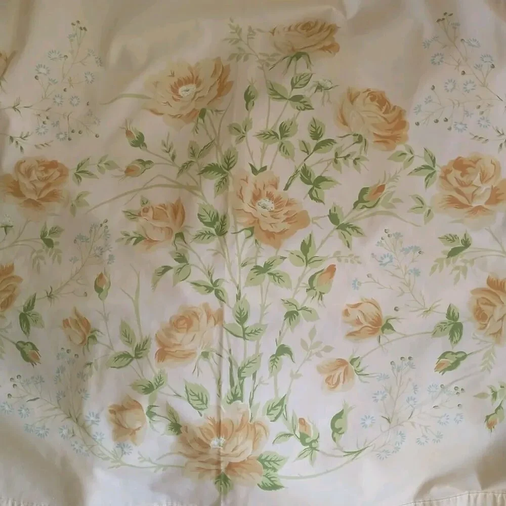 VTG Martex West Point Queen Flat Sheet Yellow Blue Flower Eyelet Percale Cottage
